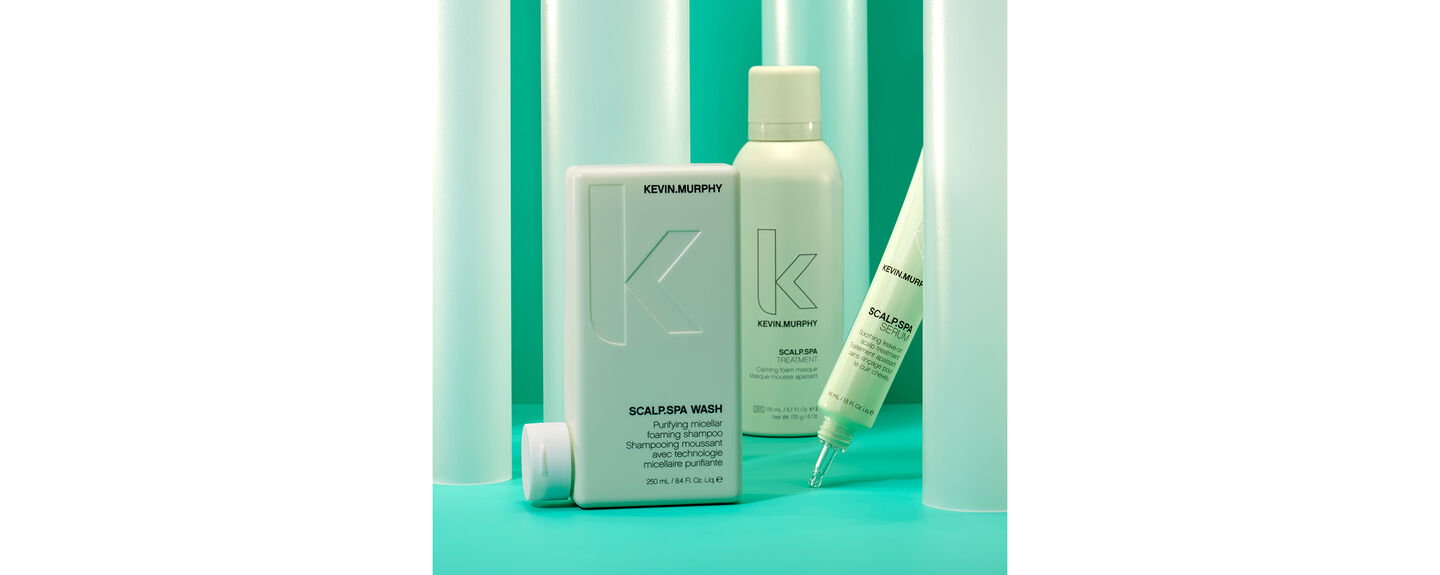 SCALP.SPA products by KEVIN.MURPHY with aqua background